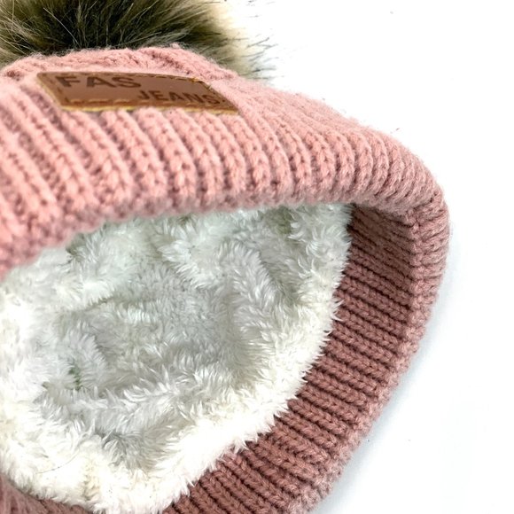 FAS Jeans Girls Winter Fitted Knit Beanie Hat with Faux Fur Pom-Pom Ears - Picture 2 of 11